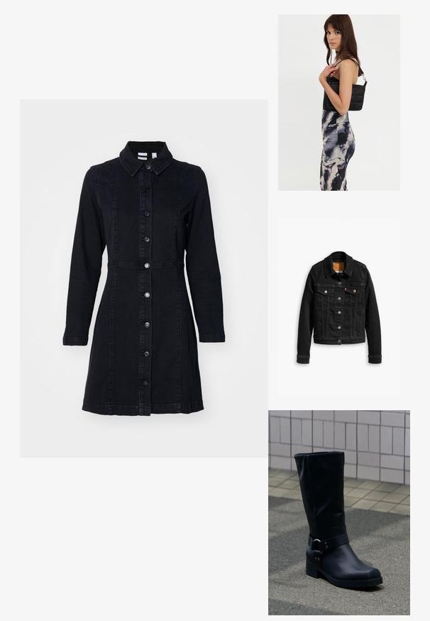 Sort denimjakke med to brystlommer, sølvknap-lukninger og klassisk krave. Glat tekstur med kontrasterende syningsdetaljer.; Sort denimkjole med krave, lange ærmer og knapper foran. Har en tætsiddende talje og en udvidet nederdel. Glat tekstur.; Sort læderstøvle midt på læggen med lav blokhæle og en dekorativ rem med metal spænde rundt om anklen, på en flisebelagt fortov.; Sort quiltet skuldertaske med en enkelt rem og sølvhardware, parret med en tætsiddende kjole med tie-dye mønster i nuancer af sort og creme.