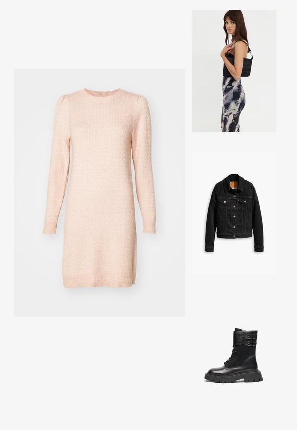 Sort denimjakke med to brystlommer, sølvknap-lukninger og klassisk krave. Glat tekstur med kontrasterende syningsdetaljer.; Langærmet, rundhalset sweaterkjole i blød lyserød. Struktureret strik med subtile hævede mønstre, tætsiddende manchetter og lige silhuet.; Sorte læder ankelstøvler med rund tå, snørebånd fortil, dobbelte spænder på kraven og en tyk, mønstret sål.; Sort quiltet skuldertaske med en enkelt rem og sølvhardware, parret med en tætsiddende kjole med tie-dye mønster i nuancer af sort og creme.