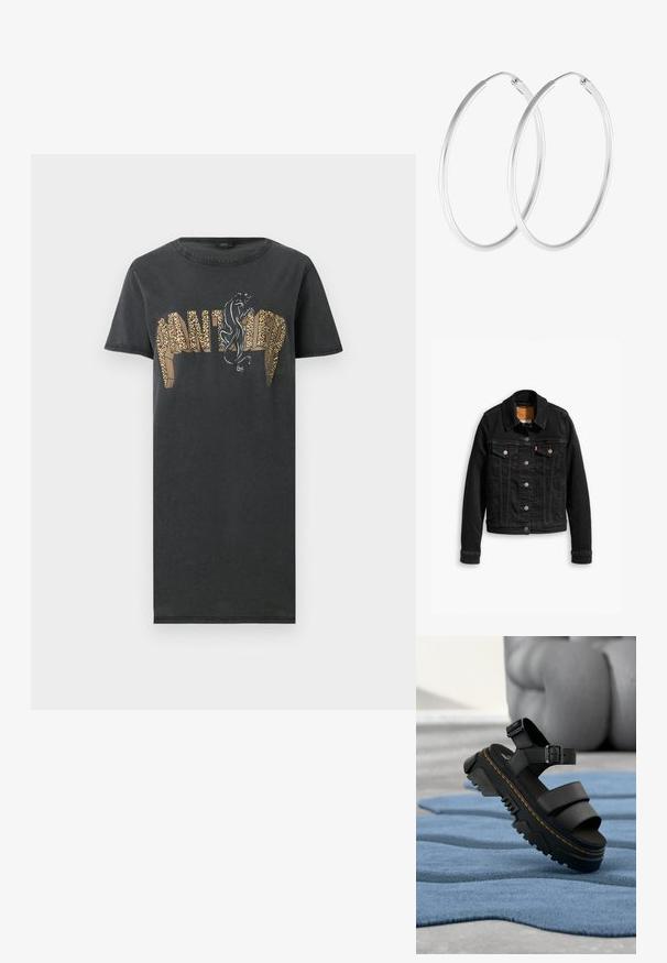 Schwarze Jeansjacke mit zwei Brusttaschen, silbernen Knopfverschlüssen und einem klassischen Kragen. Glatte Textur mit kontrastierenden Nähten.; Schwarzes Kleid mit kurzen Ärmeln, mit dem Schriftzug „PANTHER“ in Leopardenmuster und einer schwarzen Panthergrafik über den Buchstaben auf der Vorderseite.; Schwarze Plateau-Sandale mit dicker Sohle, verstellbarem Knöchelriemen und gelber Naht, liegend auf blauem strukturiertem Stoff.; Silberfarbene Creolen mit einer glatten, runden Form und einer polierten Oberfläche. Beide Ohrringe haben die gleiche Größe und verfügen über einen sicheren Verschlussmechanismus.