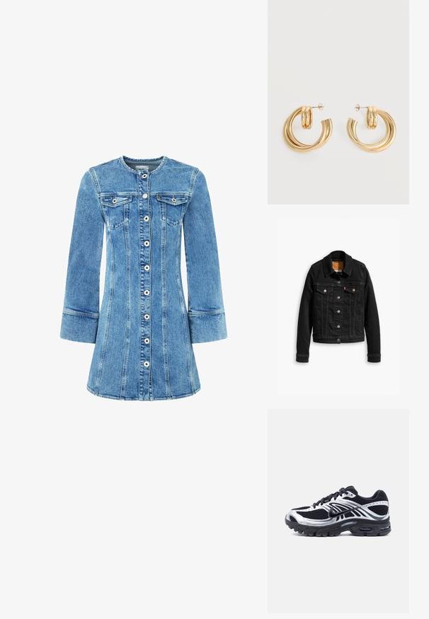 Musta farkkutakki, jossa on kaksi rintataskua, hopeiset nappikiinnitykset ja klassinen kaulus. Sileä pinta, jossa on kontrastiväriset ompeluyksityiskohdat.; Denim-mekko, jossa on vaaleansininen pesu, nappi edessä, kaksi rintataskua ja pitkät hihat. Mukana rakenteelliset saumat ja levenevä helma.; Musta ja hopeanvärinen Nike -juoksukenkä, jossa verkkomainen päällinen, ilmatyynyvälipohja ja nauhat, kuvattuna sivulta valkoisella taustalla.; Pari kiiltäviä kullanvärisiä kaksinkertaisia rengaskorvakoruja, joissa tappi kiinnitys valkoisella taustalla.