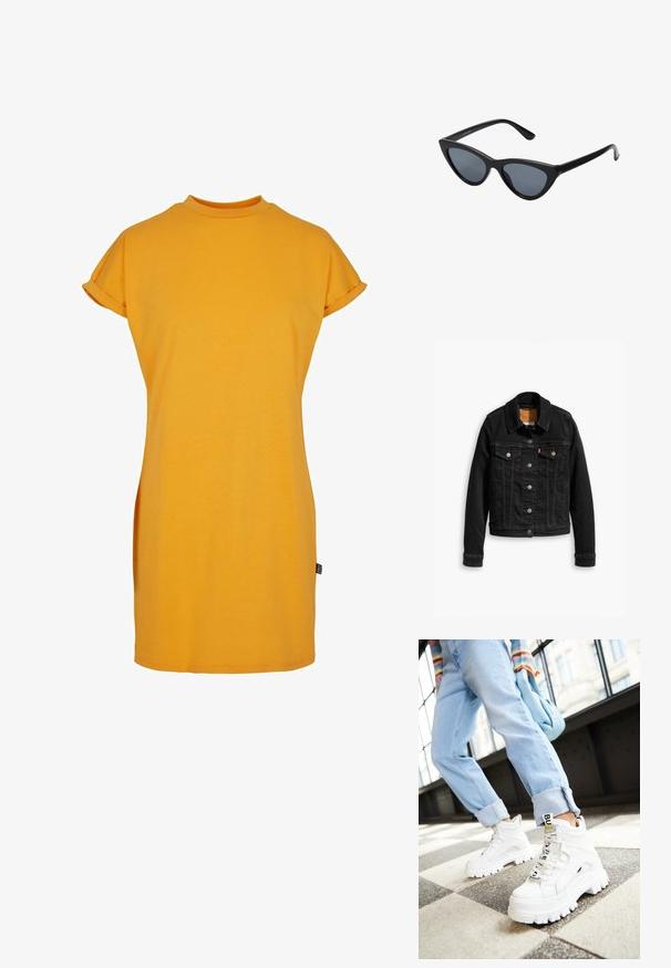 Chaqueta de denim negra con dos bolsillos en el pecho, cierres de botones plateados y un cuello clásico. Textura suave con detalles de costura en contraste.; Vestido de camiseta amarillo con un cuello alto, mangas cortas enrolladas y un corte relajado. Tejido de algodón suave con aberturas laterales para mayor comodidad al moverse.; Zapatillas blancas gruesas con suelas gruesas, cordones en la parte delantera y etiqueta de marca. Combinadas con unos jeans azul claro con puños sobre un suelo estampado.; Gafas de sol negras en forma de ojo de gato con lentes gris oscuro, marco de plástico elegante, esquinas puntiagudas y patillas rectas. Sin herrajes ni acentos visibles.