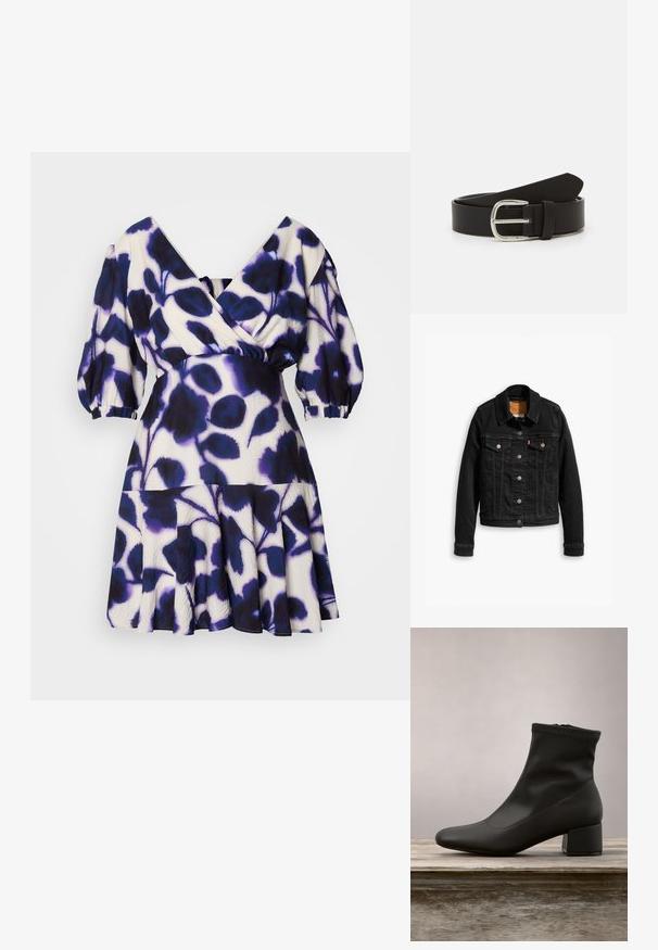 Veste en denim noir avec deux poches poitrine à l'avant, fermetures à boutons argentés et col classique. Texture lisse avec des détails de couture contrastants.; Robe à décolleté en V avec des manches bouffantes, présentant un motif floral en bleu profond et blanc, taille cintrée et jupe évasée. Tissu léger.; Bottine noire à finition en cuir lisse et brillante, talon bloc incliné, et tige ajustée élastiquée pour une silhouette élégante.; Ceinture en cuir noir avec une texture lisse, dotée d'une boucle en métal argenté et d'une extrémité effilée. Design simple et classique.