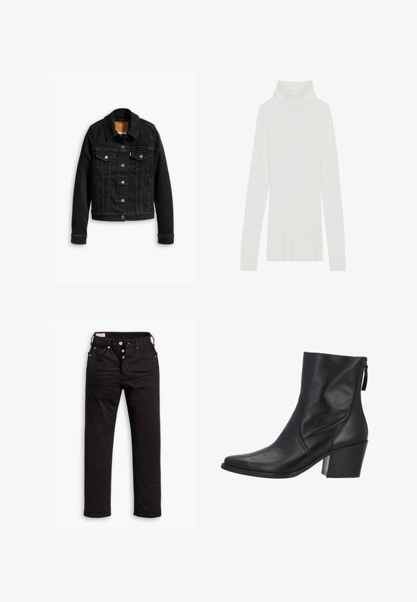 Sort denimjakke med to brystlommer, sølvknap-lukninger og klassisk krave. Glat tekstur med kontrasterende syningsdetaljer.; Hvid ribbet turtle neck striktrøje med lange ærmer, blød tekstur og høj rullekrave, der har en tætsiddende design uden synlige lukninger.; Sorte lige jeans med knaplukning, front- og baglommer samt kobbernitte detaljer på en hvid baggrund.; Sort ankelstøvle lavet af glat læder med en spids tå, lynlås i siden og en chunky hæl. Enkel syning tilføjer detaljer.