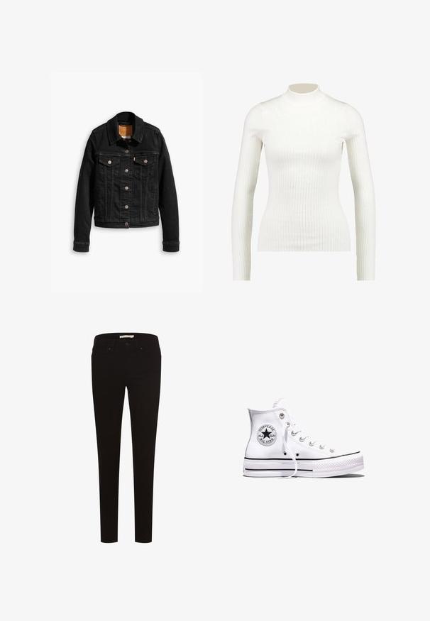 Sort denimjakke med to brystlommer, sølvknap-lukninger og klassisk krave. Glat tekstur med kontrasterende syningsdetaljer.; Ribbet hvid langærmet turtleneck-bluse med en tætsiddende pasform og glat tekstur, der har en høj hals og slank silhuet.; Sorte skinny jeans lavet af strækstof, med et klassisk fem-lomme design, knaplukning og bælteløkker. Glat tekstur hele vejen igennem.; Hvid Converse Chuck Taylor All Star højt snøresko med sorte striber og logoemblem på siden, vist mod en ensfarvet hvid baggrund.