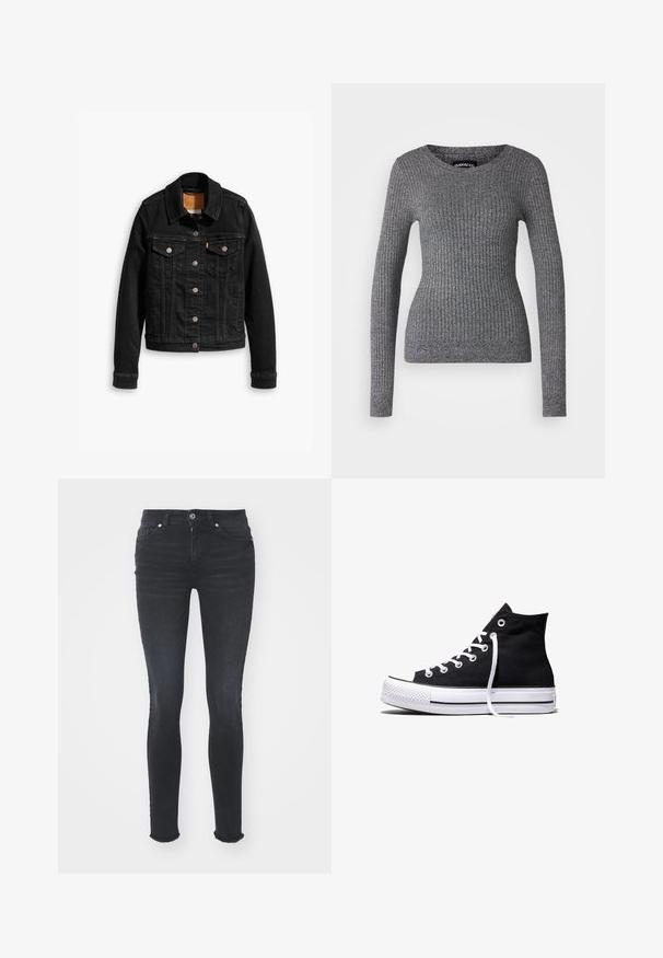 Veste en denim noir avec deux poches poitrine à l'avant, fermetures à boutons argentés et col classique. Texture lisse avec des détails de couture contrastants.; Pull gris côtelé avec des manches longues et un col en scoop. Fabriqué en tissu tricoté texturé, présentant une silhouette ajustée.; Jeans skinny en denim noir avec une taille mi-haute, cinq poches et un ourlet effiloché. Le tissu a une texture lisse avec un léger stretch.; Baskets montantes en toile noire avec semelle en caoutchouc blanche et lacets blancs, vues de côté sur un fond blanc.