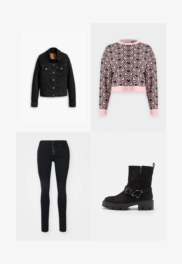 Veste en denim noir avec deux poches poitrine à l'avant, fermetures à boutons argentés et col classique. Texture lisse avec des détails de couture contrastants.; Pull court rose avec un motif de cœurs noirs, col rond côtelé et poignets. Le matériau semble doux avec une finition texturée.; Jean skinny noir taille haute, fermeture à cinq boutons et deux poches avant. Texture en denim lisse, sans motifs ni accents visibles.; Bottines en suède noir avec une semelle épaisse, dotées d'une sangle à boucle réglable et d'accents métalliques décoratifs.