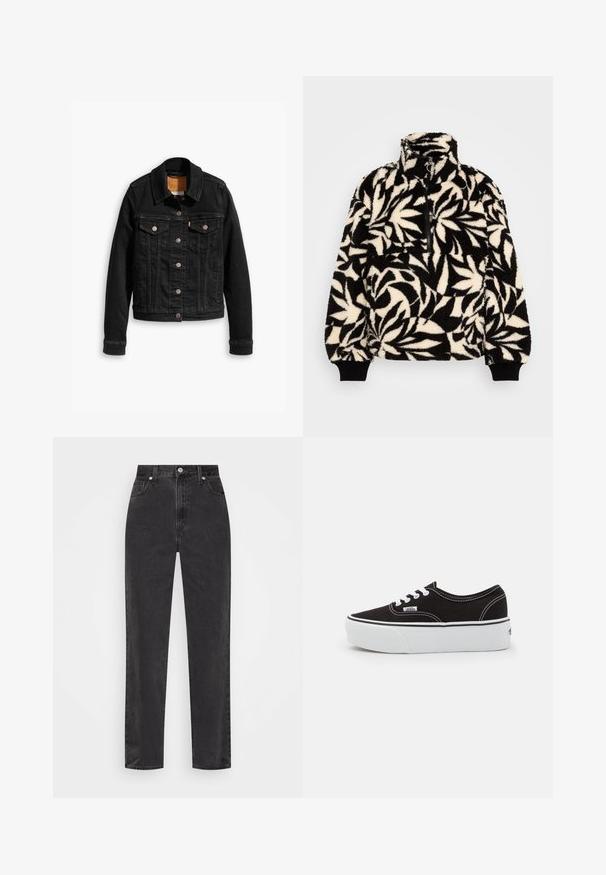 Schwarze Jeansjacke mit zwei Brusttaschen, silbernen Knopfverschlüssen und einem klassischen Kragen. Glatte Textur mit kontrastierenden Nähten.; Schwarzer und cremefarbener Fleece-Pullover mit hohem Kragen, halbem Reißverschluss und Blattmuster. Die Bündchen haben schwarze elastische Bänder für einen engen Sitz.; Schwarze Denim-Jeans mit geradem Bein, hoher Taille, vorderem Knopf und Reißverschluss sowie fünf Taschen auf weißem Hintergrund.; Schwarze Leinensneaker mit einer weißen Gummiplattformsohle, weißen Schnürsenkeln und Nähten, ikonischer Markenaufdruck an der Seite, im Low-Top-Design.
