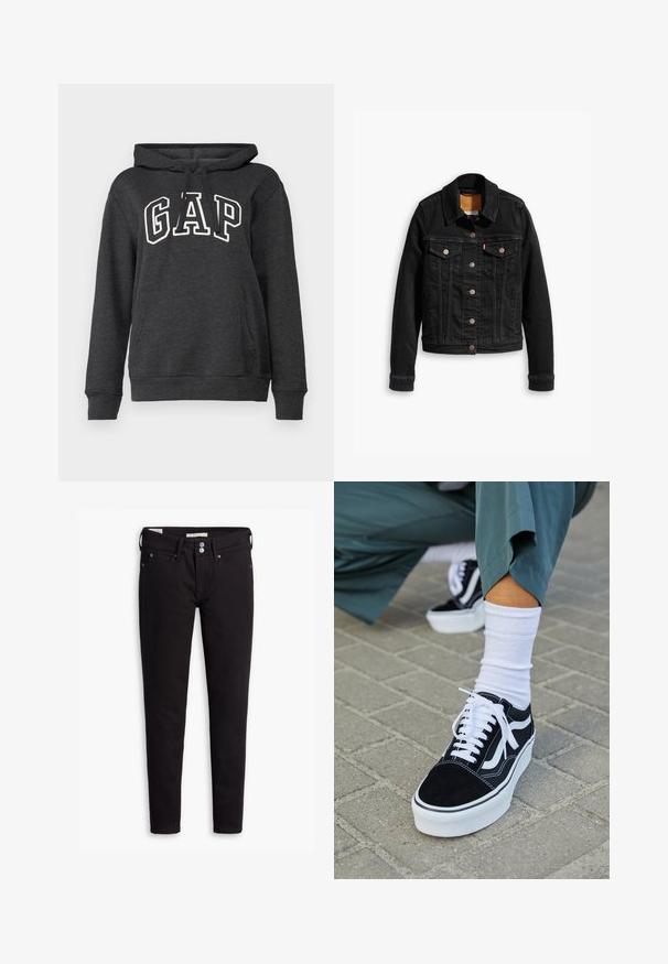 Mustmustest mustkas, millel on kaks esimest rinna taskut, hõbedased nupud ja klassikaline krae. Sujuv tekstuur kontrastsete õmbluste detailidega.; Tumehall sweater pehmest kangast, millel on tasku nagu kenguru, joonimisega kapuuts ja suur valge "GAP" logo ees. ; Mustad denimpüksid, mis on slim fit stiilis, nuppe ja viit taskut, ning diskreetsed õmblused. Sile tekstuur ja vastupidav materjal.; Mustjad sametist tennisjalanõud valgete aktsentide ja nööridega, millel on paks valge tald ja kontrastsed õmblused, koos valge sokiga.