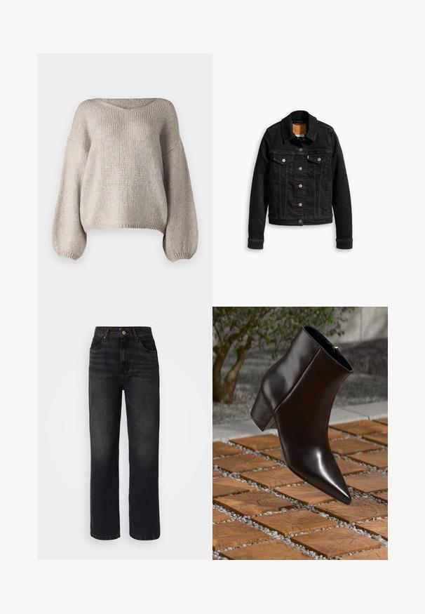 Veste en denim noir avec deux poches poitrine à l'avant, fermetures à boutons argentés et col classique. Texture lisse avec des détails de couture contrastants.; Pull en tricot beige avec un large col en V, des manches longues bouffantes et un ourlet court. La texture est épaisse et douce, avec un design simple.; Jeans en denim noir à taille haute, jambe droite, cinq poches et décoloration subtile. Comprend une fermeture à bouton et des passants de ceinture.; Bottine en cuir noir avec un bout pointu, un talon bloc et une texture lisse, positionnée au-dessus d'une surface en bois et en gravier.