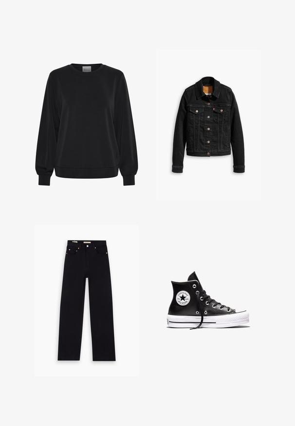 Veste en denim noir avec deux poches poitrine à l'avant, fermetures à boutons argentés et col classique. Texture lisse avec des détails de couture contrastants.; Sweatshirt noir à manches longues, col rond et poignets côtelés. Présente une texture lisse et un détail de logo subtil à l'avant.; Jean en denim noir avec une coupe droite, cinq poches, matériel en cuivre et texture lisse. Deux étiquettes visibles sur la taille.; Baskets montantes Converse Chuck Taylor All Star noires avec semelle en caoutchouc blanc et patch logo sur la cheville, présentées sur un fond blanc.