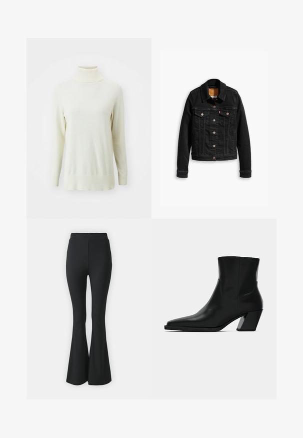 Veste en denim noir avec deux poches poitrine à l'avant, fermetures à boutons argentés et col classique. Texture lisse avec des détails de couture contrastants.; Pull en col roulé couleur crème clair, manches longues, poignets et col côtelés, texture lisse, coupe standard.; Pantalons noirs évasés en tissu extensible. Présentent une taille haute et un design lisse et ajusté qui s'évase à partir du genou.; Bottine en cuir noir avec un bout pointu, une silhouette élégante et un talon carré massif. Texture lisse avec des détails de couture minimalistes.