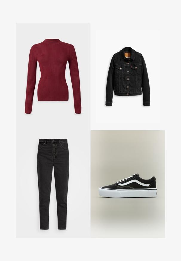 Sort denimjakke med to brystlommer, sølvknap-lukninger og klassisk krave. Glat tekstur med kontrasterende syningsdetaljer.; Langærmet tætsiddende ribstrikket sweater i mørkerød med høj rund hals på hvid baggrund.; Højtaljede sorte denimjeans med knaplukning, fem lommer og slim fit. Glat tekstur med minimal falmet og uden udsmykninger.; Lavtop sort sneaker med hvid side stribe, hvide snørebånd, hvid gummisål og tekstureret tåhætte på neutral baggrund.
