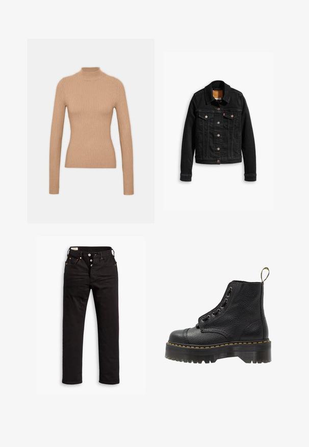 Veste en denim noir avec deux poches poitrine à l'avant, fermetures à boutons argentés et col classique. Texture lisse avec des détails de couture contrastants.; Pull à col roulé beige à côtes, avec des manches longues, un design cintré, une texture douce et un col haut.; Jean noir à jambe droite avec fermeture à boutons, poches avant et arrière, et détails en rivets cuivrés sur fond blanc.; Bottines en cuir noir avec surface texturée, bout arrondi, lacets, coutures jaunes et une épaisse semelle noire crantée.