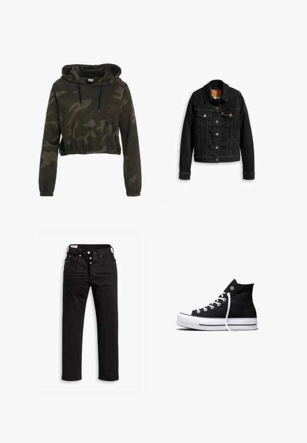 Schwarze Jeansjacke mit zwei Brusttaschen, silbernen Knopfverschlüssen und einem klassischen Kragen. Glatte Textur mit kontrastierenden Nähten.; Gekürzte Kapuzenjacke in dunklem Tarnmuster, mit Kordelzugkapuze, langen Ärmeln und elastischem Saum. Hergestellt aus weichem, strukturiertem Stoff.; Schwarze Straight-Leg-Jeans mit Knopfverschluss, Vorder- und Gesäßtaschen sowie Kupfennieten auf einem weißen Hintergrund.; Schwarzer High-Top-Canvas-Sneaker mit weißer Gummisohle und weißen Schnürsenkeln, seitlich dargestellt vor weißem Hintergrund.