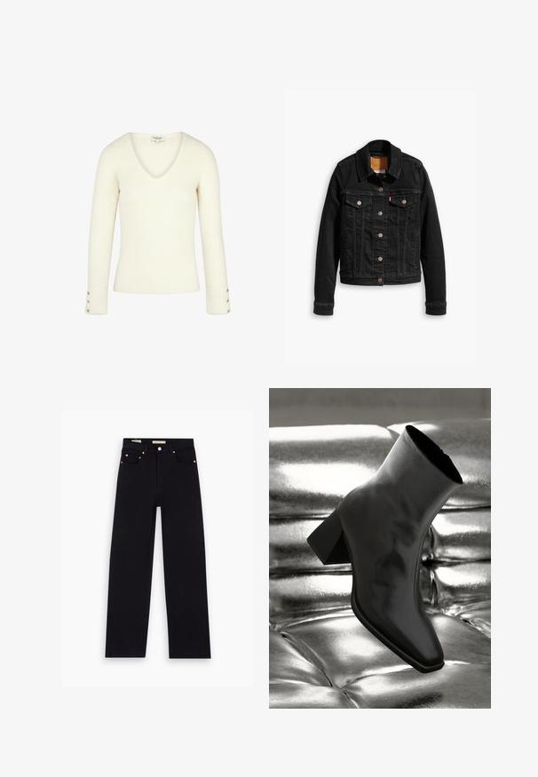 Veste en denim noir avec deux poches poitrine à l'avant, fermetures à boutons argentés et col classique. Texture lisse avec des détails de couture contrastants.; Pull blanc à col V côtelé avec manches longues et accents de boutons dorés sur les poignets. Texture douce et design ajusté.; Jean en denim noir avec une coupe droite, cinq poches, matériel en cuivre et texture lisse. Deux étiquettes visibles sur la taille.; Botte noire à la cheville en matériau brillant avec un bout carré et un talon effilé, sur un fond argenté brillant et capitonné.