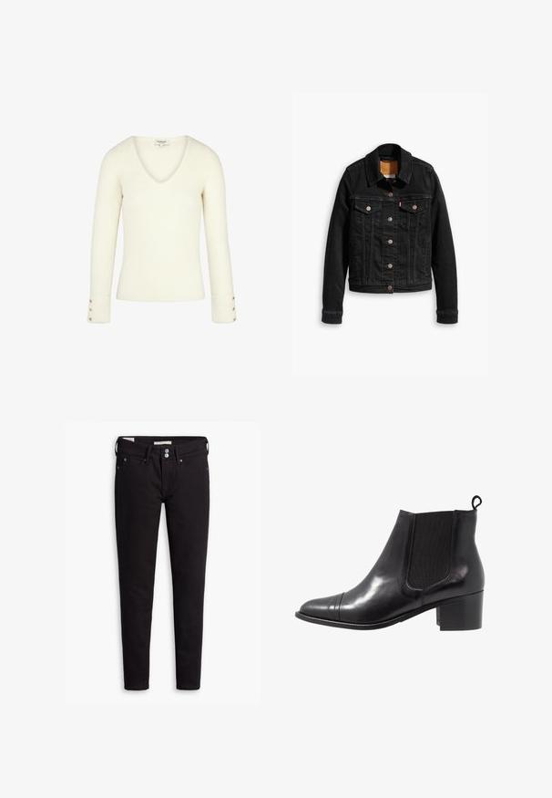 Veste en denim noir avec deux poches poitrine à l'avant, fermetures à boutons argentés et col classique. Texture lisse avec des détails de couture contrastants.; Pull blanc à col V côtelé avec manches longues et accents de boutons dorés sur les poignets. Texture douce et design ajusté.; Jeans en denim noir avec une coupe slim, dotés d'une fermeture à boutons, de cinq poches et de détails de couture subtils. Texture lisse et matériau durable.; Botte de cheville en cuir noir avec des panneaux élastiques sur les côtés, bout rond et talon en bloc texturé. Dispose d'une languette en boucle à l'arrière pour un enfilage facile.