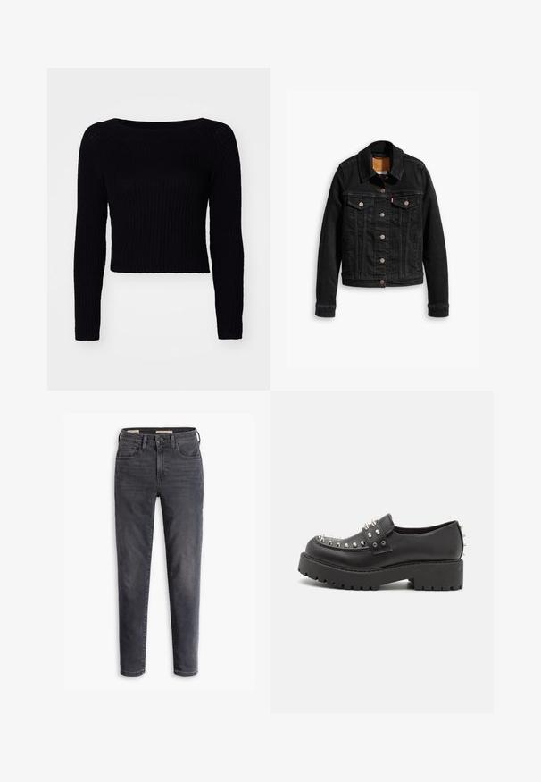 Veste en denim noir avec deux poches poitrine à l'avant, fermetures à boutons argentés et col classique. Texture lisse avec des détails de couture contrastants.; Pull en tricot noir à manches longues avec une texture côtelée et une encolure large ; longueur cropped avec des détails de couture subtils sur les manches.; Jean slim gris foncé avec bouton sur le devant et fermeture éclair, style cinq poches, présenté sur fond blanc.; Monki Chaussons - black dark
