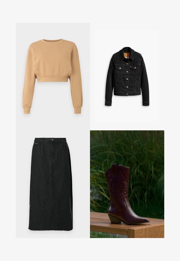 Veste en denim noir avec deux poches poitrine à l'avant, fermetures à boutons argentés et col classique. Texture lisse avec des détails de couture contrastants.; Sweatshirt court en marron clair, fabriqué en tissu doux. Il dispose de manches longues, d'un col rond et d'un élastique discret aux poignets et à l'ourlet.; Jupe en denim noire avec une taille haute, coupe droite et coutures angulaires uniques. Présente des fentes latérales et une fermeture à bouton à la taille.; Botte de cowboy en cuir brun foncé avec des motifs brodés, un talon bas incliné et des languettes, posée sur un banc en bois avec un fond de plantes vertes.