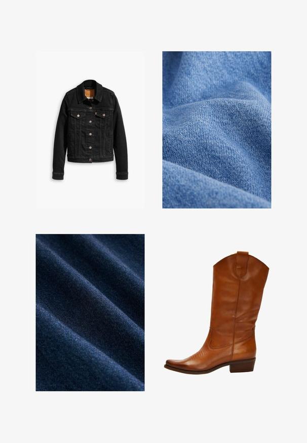 Zwarte denimjack met twee voorzakken op de borst, zilveren knoopsluitingen en een klassieke kraag. Soepele textuur met contrasterende stikdetails.; Blauwe denimstof met een zachte textuur, kenmerkend door een strakke weefpatroon en subtiele schaduwvariaties. Gewrikkeld uiterlijk met plooien.; Donkerblauwe denimstof met een gladde textuur, met zichtbare diagonale weefpatronen en subtiele variaties in kleur en glans.; Bruine leren cowboylaars met een spitse neus, decoratieve stitching op de bovenkant en een lage gestapelde hak. Heeft een trek-lipje aan de bovenkant.