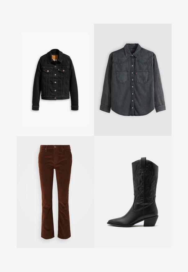 Sort denimjakke med to brystlommer, sølvknap-lukninger og klassisk krave. Glat tekstur med kontrasterende syningsdetaljer.; Mørkegrå denimskjorte med lange ærmer, knaplukning foran, to brystlommer, spids krave og vestlig-inspireret sømme på skulderpartiet.; Brune fløjsbukser med svaj, der har en glat tekstur, med lynlås og knaplukning samt standard fem-lomme design.; Sorte læder cowboystøvler med spids tå, præget svungen mønster og en mid-højde hæl. Har en trækflap for nemt at tage på.