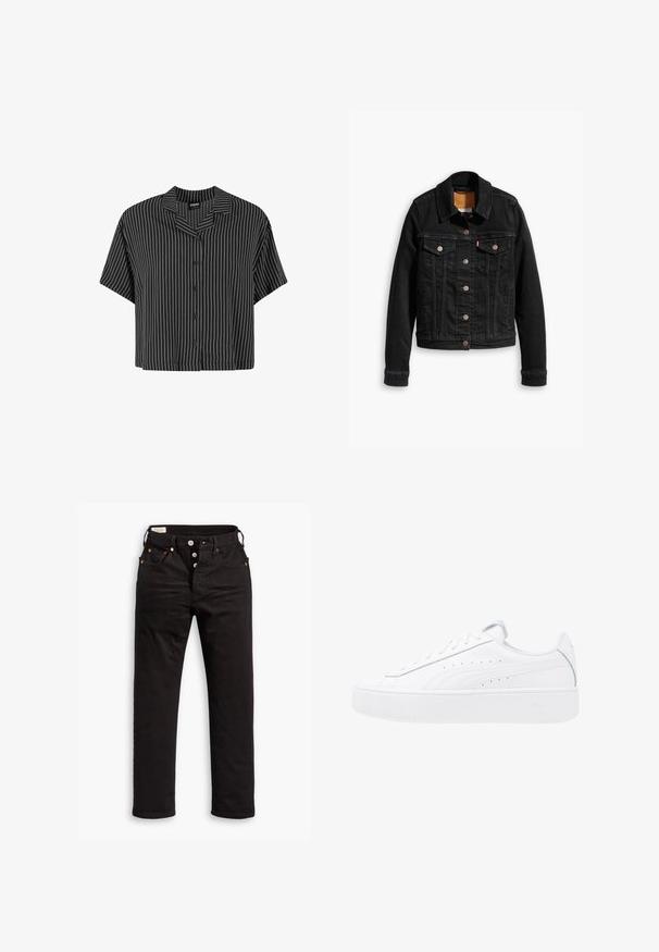 Zwarte denimjack met twee voorzakken op de borst, zilveren knoopsluitingen en een klassieke kraag. Soepele textuur met contrasterende stikdetails.; Zwart-wit gestreepte short-sleeve shirt met een ingeënte kraag en knoopsluiting, met een boxy pasvorm en lichtgewicht stof.; Zwarte rechtlopende jeans met knoopsluiting, voor- en achterzakken, en koperen klinknagels op een witte achtergrond.; Witte platte sneakers met leren bovenzijde, ronde neus en vetersluiting. Voorzien van zijperforaties en subtiele branding op de hak.