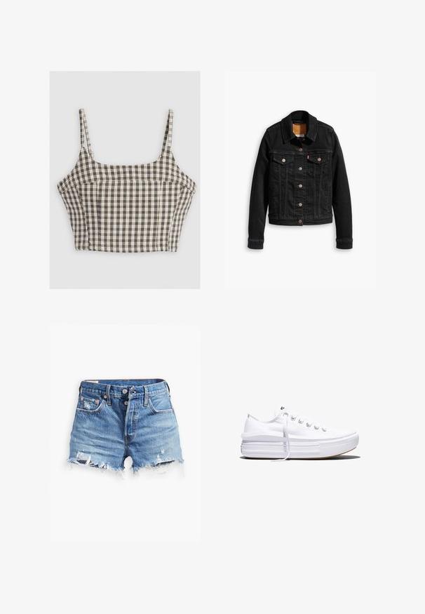 Veste en denim noir avec deux poches poitrine à l'avant, fermetures à boutons argentés et col classique. Texture lisse avec des détails de couture contrastants.; Top court à motif écossais avec des nuances de brun, blanc et noir. Doté de fines bretelles et de coutures structurées. Matière en mélange de coton.; Shorts en denim bleu clair avec des bords effilochés, taille haute, fermeture à bouton et deux poches avant ; des détails usés ajoutent de la texture.; Baskets basses blanches en toile avec semelle plateforme épaisse, lacets sur le devant et embout en caoutchouc texturé, vues de profil.
