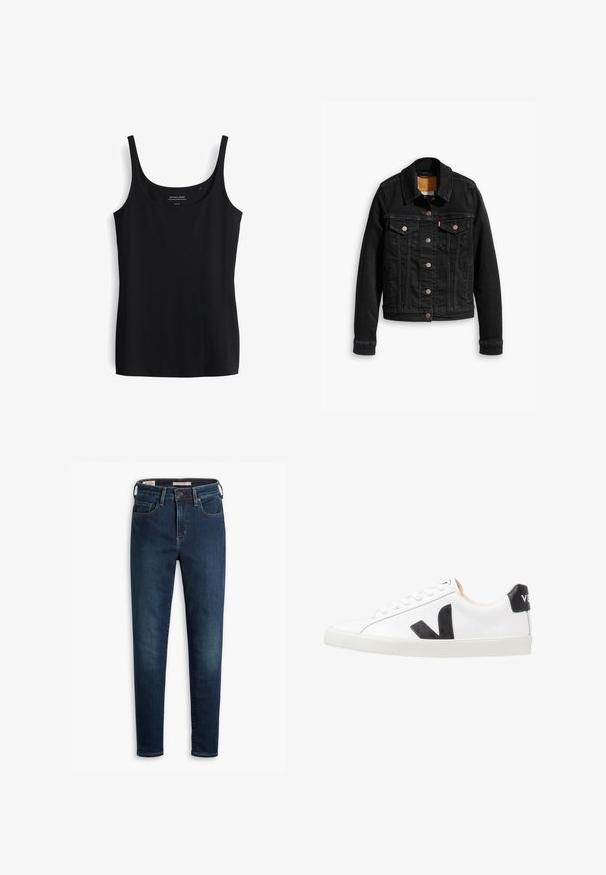 Schwarze Jeansjacke mit zwei Brusttaschen, silbernen Knopfverschlüssen und einem klassischen Kragen. Glatte Textur mit kontrastierenden Nähten.; Schwarzes Tanktop mit dünnen Trägern, aus weichem, dehnbarem Material. Hat ein einfaches, enganliegendes Design und einen runden Ausschnitt.; Dunkelblaue Jeans im Slim-Fit, mit fünf Taschen, standardmäßiger Knopfverschluss und subtilen Waschungen auf der Vorderseite.; Weißer Sneaker mit einem schwarzen V-Logo, ausgestattet mit einem glatten Lederoberteil, runder Zehenpartie, Schnürverschluss und kontrastierendem schwarzen Fersenbereich.