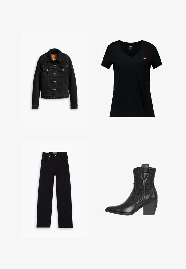 Zwarte denimjack met twee voorzakken op de borst, zilveren knoopsluitingen en een klassieke kraag. Soepele textuur met contrasterende stikdetails.; Zwart katoenen V-hals T-shirt met korte mouwen, met een klein rood Levi's-logo op de linkerkant van de borst en een gladde textuur.; Zwarte denim jeans met een recht model, vijf zakken, koperen hardware en een gladde textuur. Twee labels zichtbaar op de tailleband.; Zwarte leren cowboylaars met een spitse neus, geperste sterren- en bloemenpatronen, en een stevige hak voor stabiliteit. Voorzien van treklussen voor gemakkelijk aan- en uittrekken.