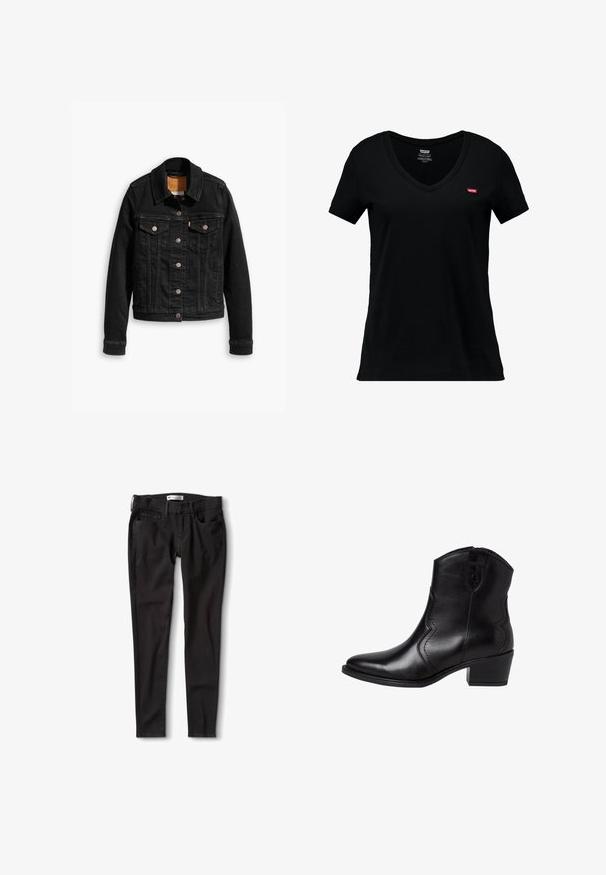 Sort denimjakke med to brystlommer, sølvknap-lukninger og klassisk krave. Glat tekstur med kontrasterende syningsdetaljer.; Sort bomulds V-hals t-shirt med korte ærmer, der har et lille rødt Levi's logo på venstre brystområde og en glat tekstur.; Sorte denim jeans med lige pasform, der har en standard livkant, bæltestropper og to forlommer. Glat tekstur, minimal hardware.; Sorte læder ankelstøvler med spids tå, buede sidelommer og en lav, blokhæl. Har en lynlås lukning og en glat overflade.