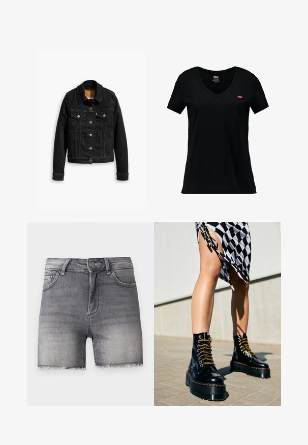 Schwarze Jeansjacke mit zwei Brusttaschen, silbernen Knopfverschlüssen und einem klassischen Kragen. Glatte Textur mit kontrastierenden Nähten.; Schwarzes Baumwoll-V-Ausschnitt-T-Shirt mit kurzen Ärmeln, versehen mit einem kleinen roten Levi's-Logo auf der linken Brustseite und einer glatten Textur.; Verblasste schwarze Denim-Shorts mit ausgefransten Säumen, vorn Knopf- und Reißverschluss sowie zwei Vordertaschen auf einfarbigem Hintergrund.; Schwarze Leder-Plateau-Stiefel mit klobigen Sohlen, goldenen Schnürsenkeln und orangefarbenen Nähten, kombiniert mit einem karierten Rock, der einen seitlichen Schlitz zeigt.