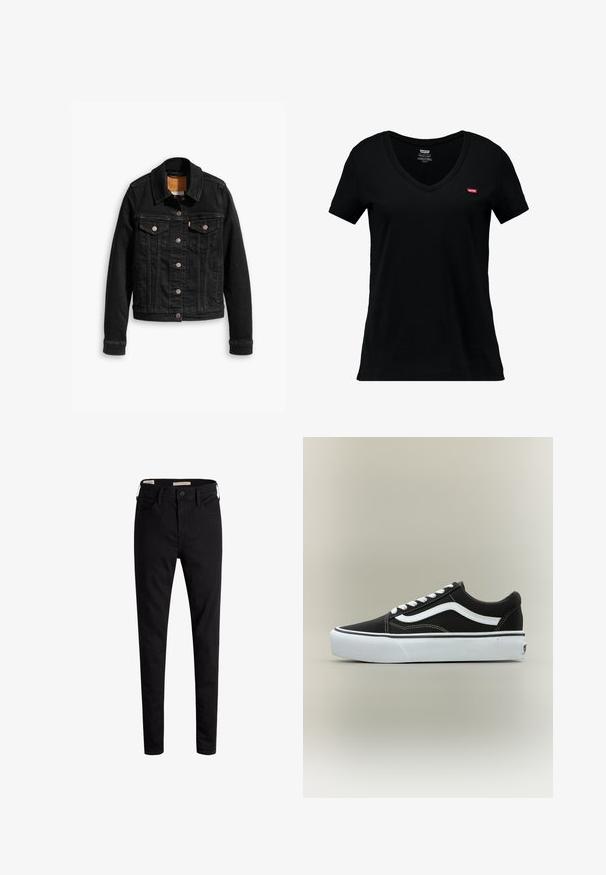 Veste en denim noir avec deux poches poitrine à l'avant, fermetures à boutons argentés et col classique. Texture lisse avec des détails de couture contrastants.; T-shirt en coton noir à col en V avec des manches courtes, arborant un petit logo rouge Levi's sur la zone de la poitrine gauche et une texture lisse.; Jean skinny noir taille haute avec bouton à l'avant et poches, présenté sur un fond blanc.; Baskets basses noires avec bande blanche latérale, lacets blancs, semelle en caoutchouc blanche et bout texturé sur fond neutre.