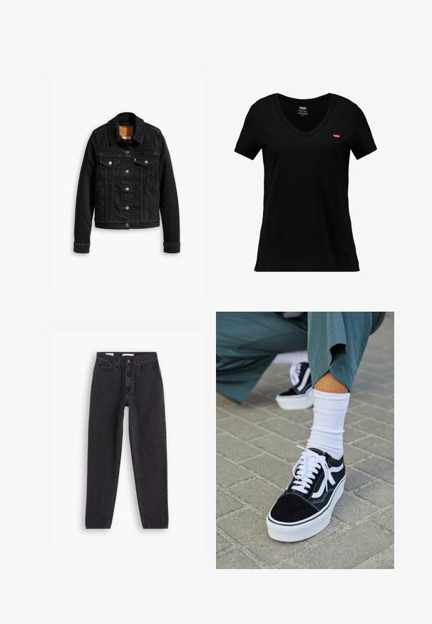 Zwarte denimjack met twee voorzakken op de borst, zilveren knoopsluitingen en een klassieke kraag. Soepele textuur met contrasterende stikdetails.; Zwart katoenen V-hals T-shirt met korte mouwen, met een klein rood Levi's-logo op de linkerkant van de borst en een gladde textuur.; Zwarte denim jeans met een straight-leg ontwerp, voorzien van vijf zakken, sluiting met een knoop aan de voorkant en gestikte details langs de naden.; Zwarte suède sneaker met witte accenten en veters, uitgerust met een dikke witte zool en contrasterende stiksels, gecombineerd met een witte sok.