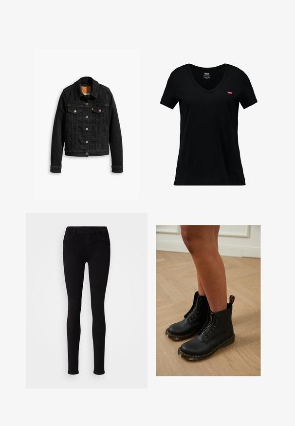 Veste en denim noir avec deux poches poitrine à l'avant, fermetures à boutons argentés et col classique. Texture lisse avec des détails de couture contrastants.; T-shirt en coton noir à col en V avec des manches courtes, arborant un petit logo rouge Levi's sur la zone de la poitrine gauche et une texture lisse.; Pantalons slim fit noirs avec fermeture à bouton, passants de ceinture et poches avant, présentés sur un fond clair et uni.; Bottines en cuir noir avec fermeture éclair et design à lacets, arborant des coutures jaunes et une semelle épaisse et texturée.