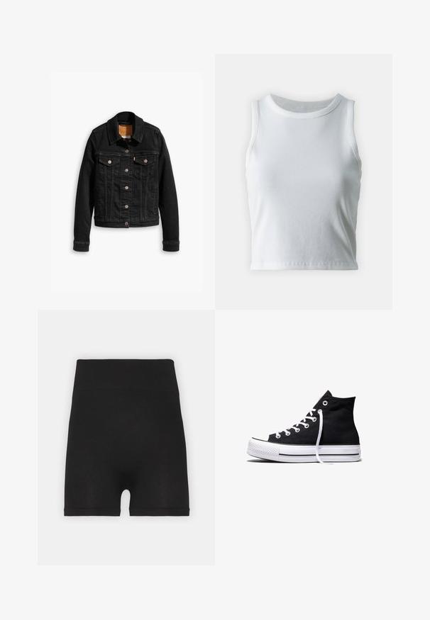 Schwarze Jeansjacke mit zwei Brusttaschen, silbernen Knopfverschlüssen und einem klassischen Kragen. Glatte Textur mit kontrastierenden Nähten.; Weißes, geripptes Tanktop mit runder Ausschnittform und ärmellosem Design, ausgestattet mit einem geraden Saum und einer glatten, dehnbaren Textur.; Schwarze, gerippte Biker-Shorts mit hohem Bund und weicher Textur, die ein glattes Finish und keine sichtbaren Nähte aufweisen.; Schwarzer High-Top-Canvas-Sneaker mit weißer Gummisohle und weißen Schnürsenkeln, seitlich dargestellt vor weißem Hintergrund.