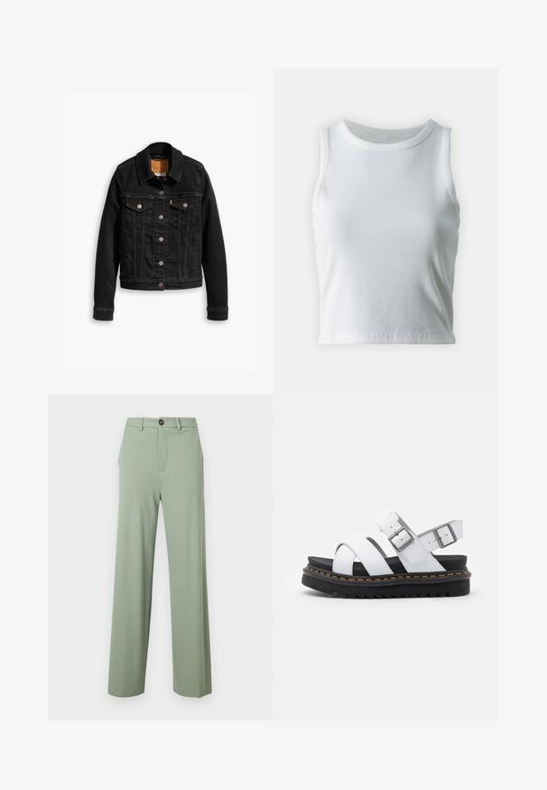 Veste en denim noir avec deux poches poitrine à l'avant, fermetures à boutons argentés et col classique. Texture lisse avec des détails de couture contrastants.; Débardeur blanc côtelé avec un décolleté rond et sans manches, présentant un ourlet droit et une texture lisse et extensible.; Pantalon vert clair à jambe droite avec passants de ceinture, poches latérales et fermeture à bouton sur la taille.; Sandales en cuir blanc avec des sangles réglables à boucle, semelle en noir superposée et détail de couture orange le long du bord.