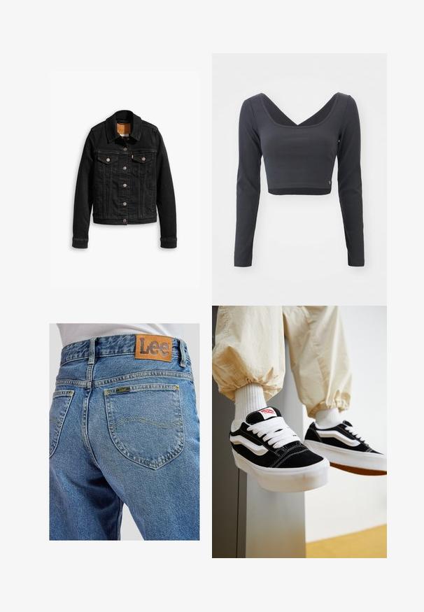 Chaqueta de denim negra con dos bolsillos en el pecho, cierres de botones plateados y un cuello clásico. Textura suave con detalles de costura en contraste.; Top corto de manga larga en tejido de canalé gris oscuro. Presenta un escote en V profundo y un color sólido con un pequeño logo en el dobladillo.; Jeans de mezclilla azul con bolsillos traseros que presentan costuras amarillas y un parche de cuero marrón de la marca Lee en la cinturilla.; Persona que lleva zapatillas Vans negras y blancas con cordones blancos, calcetines blancos y pantalones beige con puños elásticos.