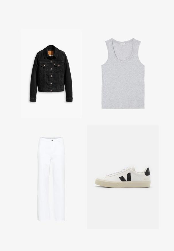 Mustmustest mustkas, millel on kaks esimest rinna taskut, hõbedased nupud ja klassikaline krae. Sujuv tekstuur kontrastsete õmbluste detailidega.; Helehall halli varrukateta tanktop, ümar kaelus, laotatud laiali, näidates pehmet puuvillast kangast ja väikest nööpnõela kaela tagaküljel.; Valged laiad teksapüksid, mis on valmistatud denimist. Omavad nööpiga sulgemist ja traditsioonilist viie tasku disaini. Sile tekstuur puhta viimistlusega.; Valge nahast teniseking, millel on must kummist V logo. Tekstuuriga heledat valget värvi tald, valged paelad ja tagakanna detail, millel on brändinimi mustas kirjas.