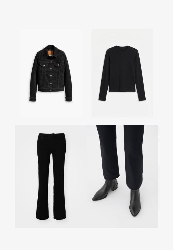 Zwarte denimjack met twee voorzakken op de borst, zilveren knoopsluitingen en een klassieke kraag. Soepele textuur met contrasterende stikdetails.; Zwart, effen, nauwsluitend shirt met lange mouwen en ronde hals, afgebeeld tegen een witte achtergrond.; Zwarte flared jeans van denim, met een middelhoge taille, vijf zakken en subtiele stiksels op de achterzakken.; Zwarte leren enkellaarsjes met een spitse neus, blokhak en textuurpanelen aan de zijkanten, gedragen met donkere broeken tegen een witte achtergrond.
