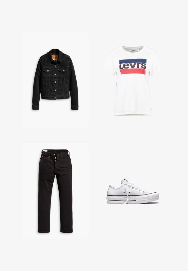 Schwarze Jeansjacke mit zwei Brusttaschen, silbernen Knopfverschlüssen und einem klassischen Kragen. Glatte Textur mit kontrastierenden Nähten.; Weißes Baumwoll-T-Shirt mit kurzen Ärmeln und Rundhalsausschnitt, das ein zentrales Logo-Design von Levi's in Blau, Rot und Schwarz zeigt.; Schwarze Straight-Leg-Jeans mit Knopfverschluss, Vorder- und Gesäßtaschen sowie Kupfennieten auf einem weißen Hintergrund.; Weißer Sneaker aus Segeltuch mit niedrigem Schnitt, weißen Schnürsenkeln, Gummisohle, schwarzen Streifendetails und Logopatch auf der Zunge und Ferse.