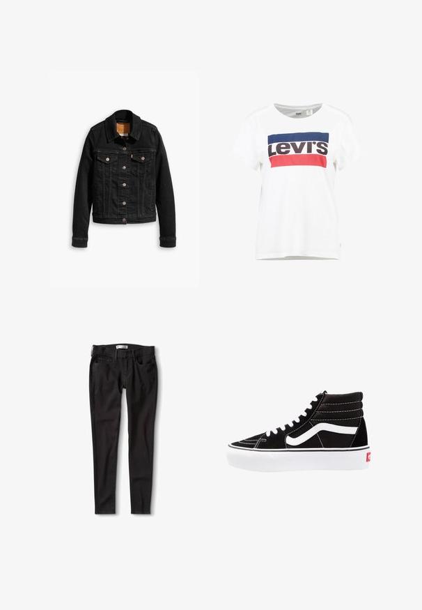 Veste en denim noir avec deux poches poitrine à l'avant, fermetures à boutons argentés et col classique. Texture lisse avec des détails de couture contrastants.; T-shirt en coton blanc à manches courtes et col rond, arborant un design central du logo Levi's en bleu, rouge et noir.; Jeans en denim noir avec une coupe droite, dotés d'une taille standard, de passants de ceinture et de deux poches avant. Texture lisse, matériel minimal.; Baskets montantes noires avec des lacets blancs, un logo blanc et des coutures blanches contrastées. Dotées d'une épaisse semelle blanche et d'un dessus en daim texturé.
