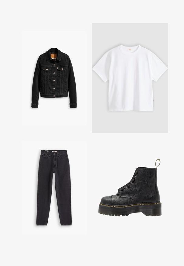 Zwarte denimjack met twee voorzakken op de borst, zilveren knoopsluitingen en een klassieke kraag. Soepele textuur met contrasterende stikdetails.; Wit katoenen t-shirt met korte mouwen, ronde hals, losse pasvorm, gladde textuur en een klein logolabel aan de linker zijnnaad.; Zwarte denim jeans met een straight-leg ontwerp, voorzien van vijf zakken, sluiting met een knoop aan de voorkant en gestikte details langs de naden.; Zwarte leren enkelboot met een gestructureerd oppervlak, ronde neus, vetersluiting, gele stiksels en een dikke, geribbelde zwarte plateauzool.