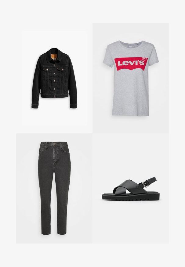 Zwarte denimjack met twee voorzakken op de borst, zilveren knoopsluitingen en een klassieke kraag. Soepele textuur met contrasterende stikdetails.; Grijze katoen t-shirt met een groot rood Levi's logo over de borst, met een klassieke ronde hals en korte mouwen.; Zwarte denim jeans met hoge taille en een slim fit, voorzien van een knoopsluiting, riemlussen en een klassieke vijf-pocket ontwerp.; Zwarte leren sandalen met een kruisbandontwerp, verstelbare gesp en een gestructureerde zool met ribbels voor grip.