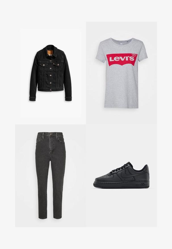 Veste en denim noir avec deux poches poitrine à l'avant, fermetures à boutons argentés et col classique. Texture lisse avec des détails de couture contrastants.; T-shirt en coton gris avec un grand logo rouge Levi's sur la poitrine, doté d'un col rond classique et de manches courtes.; Jeans en denim noir taille haute avec une coupe slim, dotés d'une fermeture à bouton, de passants de ceinture et d'un design classique à cinq poches.; Baskets en cuir noir avec boîte à orteils perforée, lacets plats et semelle en caoutchouc. Présente un petit logo sur le côté et des détails texturés.