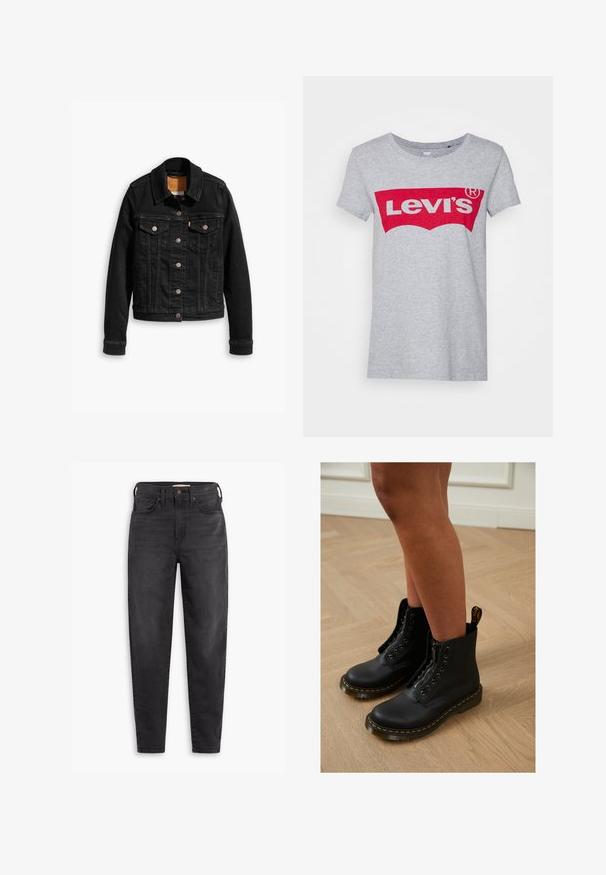 Veste en denim noir avec deux poches poitrine à l'avant, fermetures à boutons argentés et col classique. Texture lisse avec des détails de couture contrastants.; T-shirt en coton gris avec un grand logo rouge Levi's sur la poitrine, doté d'un col rond classique et de manches courtes.; Jean slim taille haute noir avec poches avant et arrière, fermeture à bouton et passants de ceinture, présentés sur un fond blanc.; Bottines en cuir noir avec fermeture éclair et design à lacets, arborant des coutures jaunes et une semelle épaisse et texturée.