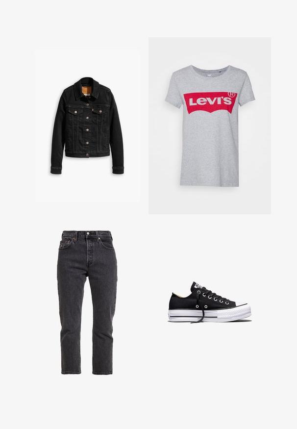 Sort denimjakke med to brystlommer, sølvknap-lukninger og klassisk krave. Glat tekstur med kontrasterende syningsdetaljer.; Grå bomulds t-shirt med et stort rødt Levi's-logo på tværs af brystet, med en klassisk rund halsudskæring og korte ærmer.; Sorte denimjeans med lige ben, høj talje, fem lommer og metalknaplukning. Subtile teksturer og syninger.; Sort lavt sneakers i lærred med hvid sål i gummi, sorte snørebånd og metaløjer på hvid baggrund.
