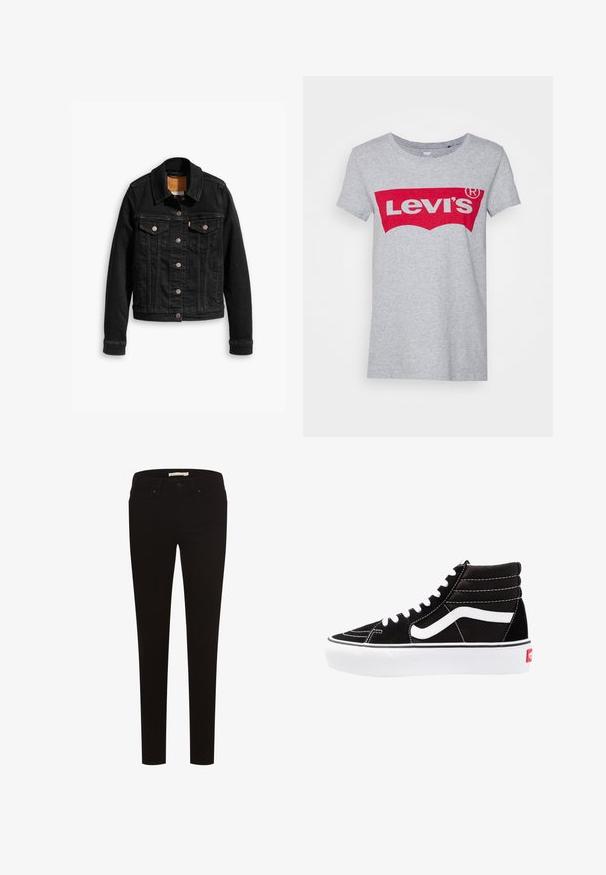 Sort denimjakke med to brystlommer, sølvknap-lukninger og klassisk krave. Glat tekstur med kontrasterende syningsdetaljer.; Grå bomulds t-shirt med et stort rødt Levi's-logo på tværs af brystet, med en klassisk rund halsudskæring og korte ærmer.; Sorte skinny jeans lavet af strækstof, med et klassisk fem-lomme design, knaplukning og bælteløkker. Glat tekstur hele vejen igennem.; Sorte høj-top sneakers med hvide snørebånd, et hvidt logo og kontrasterende hvid syning. Har en tyk hvid sål og struktureret ruskindsoverdel.