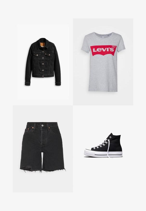Sort denimjakke med to brystlommer, sølvknap-lukninger og klassisk krave. Glat tekstur med kontrasterende syningsdetaljer.; Grå bomulds t-shirt med et stort rødt Levi's-logo på tværs af brystet, med en klassisk rund halsudskæring og korte ærmer.; Sorte denim shorts med høj talje, der har en rå kant og slidte detaljer. Indeholder fem lommer og en metalknap lukning.; Sort high-top canvas sneaker med hvid gummisål og hvide snørebånd, vist fra siden mod en hvid baggrund.