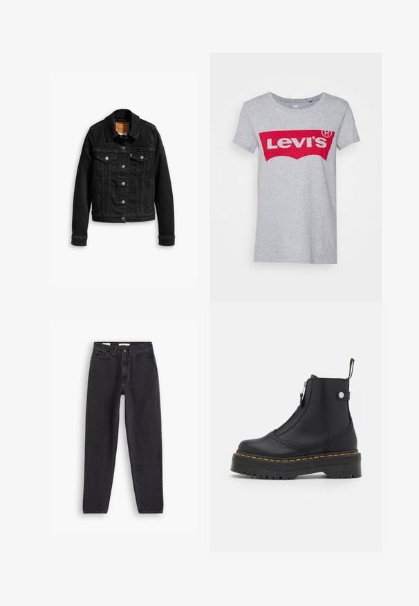 Schwarze Jeansjacke mit zwei Brusttaschen, silbernen Knopfverschlüssen und einem klassischen Kragen. Glatte Textur mit kontrastierenden Nähten.; Grauer Baumwoll-T-Shirt mit einem großen roten Levi's-Logo über der Brust, klassischem Rundhals und kurzen Ärmeln.; Schwarze Denim-Jeans mit geradem Bein, ausgestattet mit fünf Taschen, vorderer Knopfleiste und genähten Details entlang der Nähte.; Schwarze Knöchelboots aus glattem Leder, ausgestattet mit einem seitlichen Reißverschluss, gelben Nähten und einer dicken, geriffelten Gummisohle.