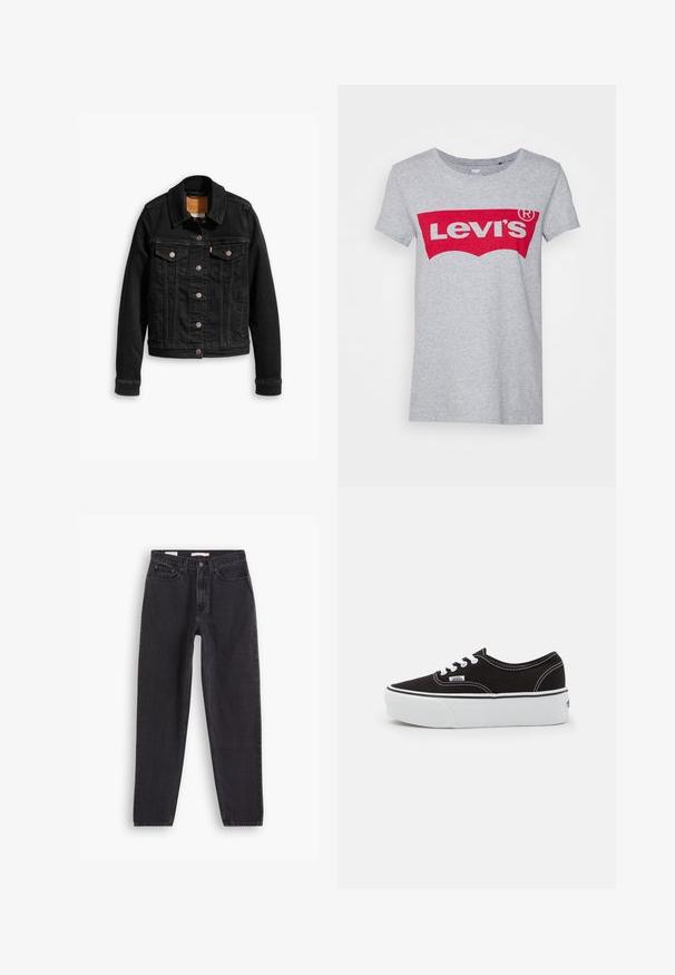 Zwarte denimjack met twee voorzakken op de borst, zilveren knoopsluitingen en een klassieke kraag. Soepele textuur met contrasterende stikdetails.; Grijze katoen t-shirt met een groot rood Levi's logo over de borst, met een klassieke ronde hals en korte mouwen.; Zwarte denim jeans met een straight-leg ontwerp, voorzien van vijf zakken, sluiting met een knoop aan de voorkant en gestikte details langs de naden.; Zwarte canvas sneaker met een witte rubberen platformzool, voorzien van witte veters en stiksels, iconische branding op de zijkant, low-top ontwerp.