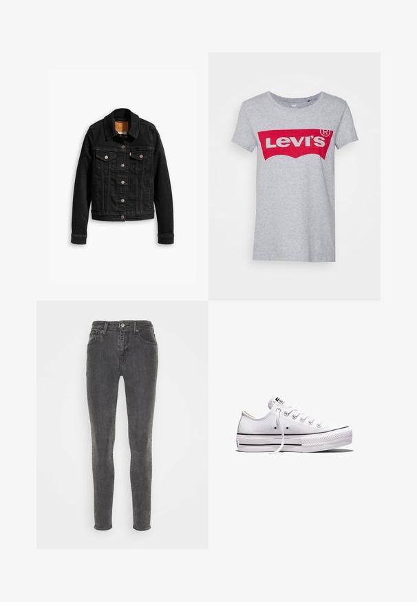 Veste en denim noir avec deux poches poitrine à l'avant, fermetures à boutons argentés et col classique. Texture lisse avec des détails de couture contrastants.; T-shirt en coton gris avec un grand logo rouge Levi's sur la poitrine, doté d'un col rond classique et de manches courtes.; Jeans skinny en denim gris foncé, avec un design classique à cinq poches, passants de ceinture et fermeture à bouton. Texture lisse avec un léger délavage.; Baskets basses en toile blanche avec lacets blancs, semelle en caoutchouc, détails à rayures noires, et écusson logo sur la languette et le talon.